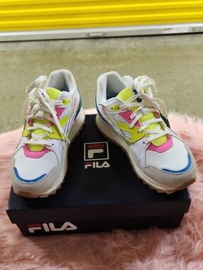 Fila White Sneakers with Neon Yellow, Hot Pink & Blue Accents